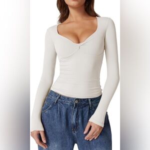 QINSEN Womens Long Sleeve Twist Front V Neck T Shirts Double Lined Slim Fit Top